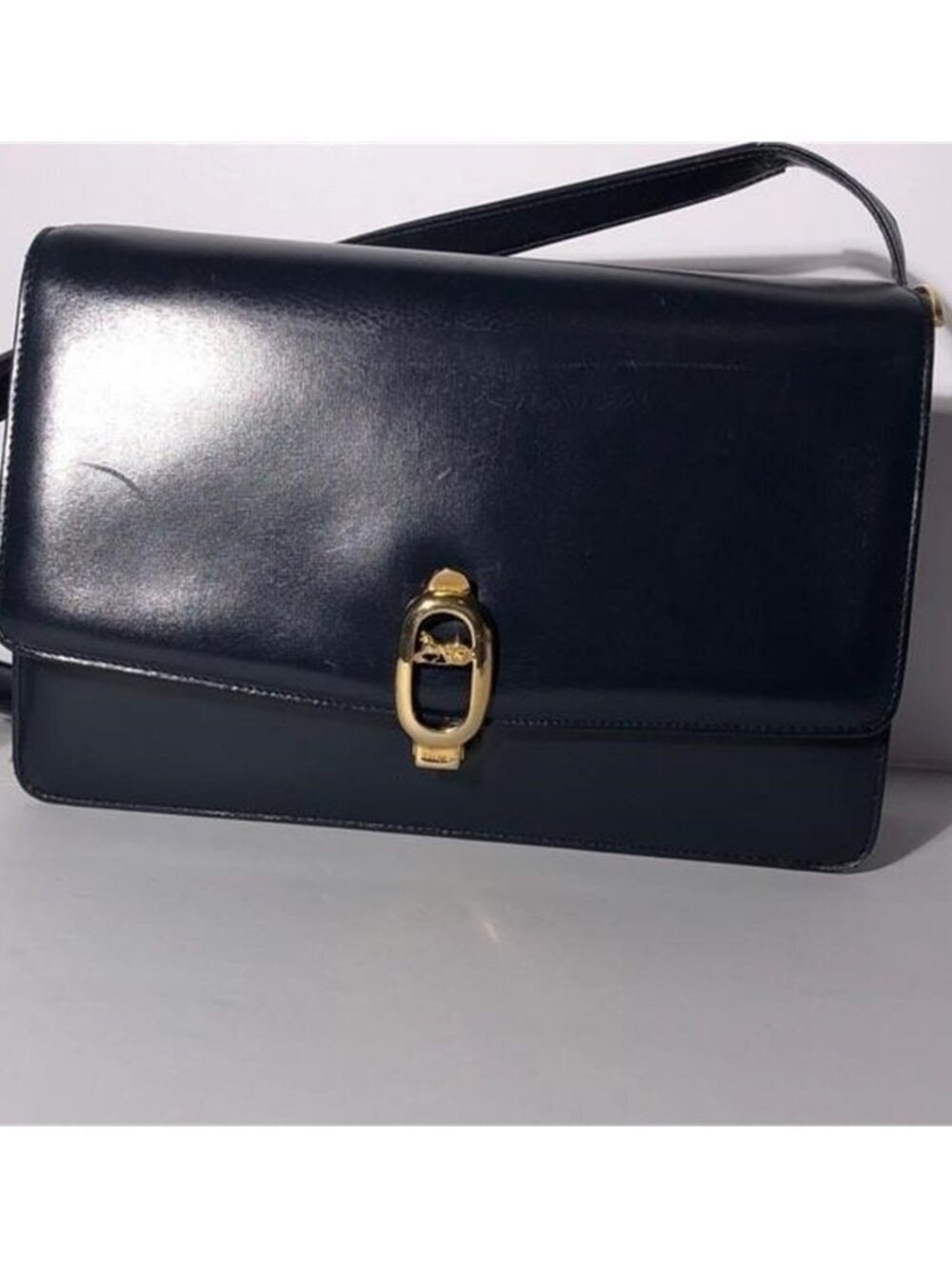 ✨ Pre-Loved Vintage Celine Navy Leather Shoulder Bag with Gold Hardware ✨